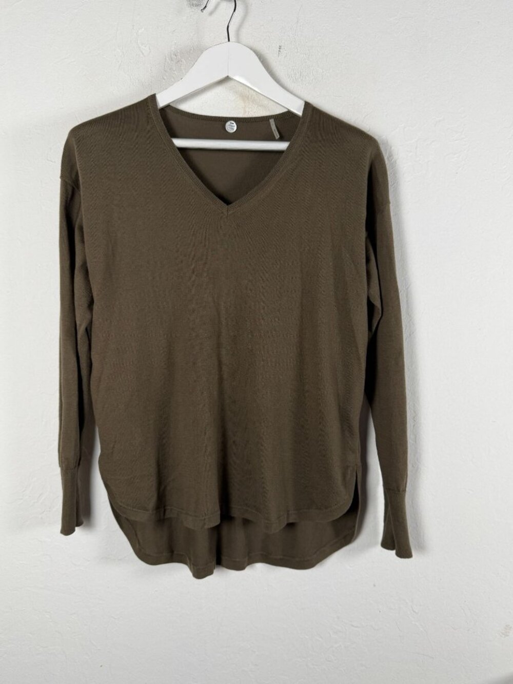 Margaret OLeary Womens Small Olive Green Cotton V-Neck Knit Pullover Sweater